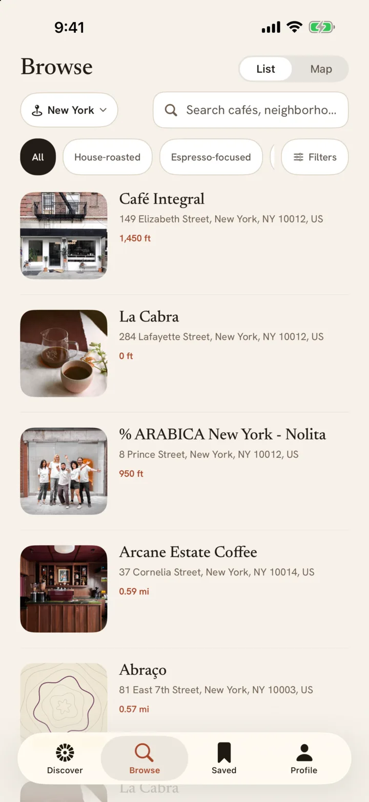 Browsing a focused list of cafés in Vetted