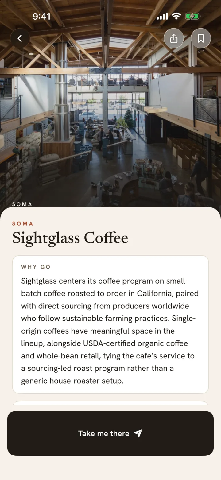 A café page with coffee-program details and reasons to go