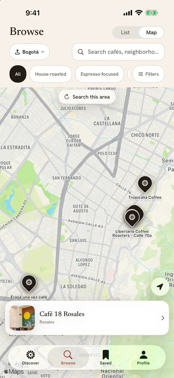 Nearby cafés on the Vetted map