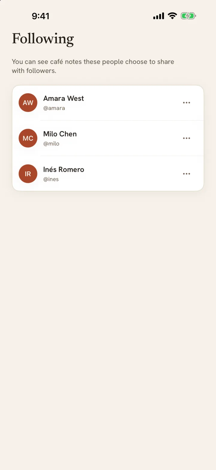 The Following screen for people you follow